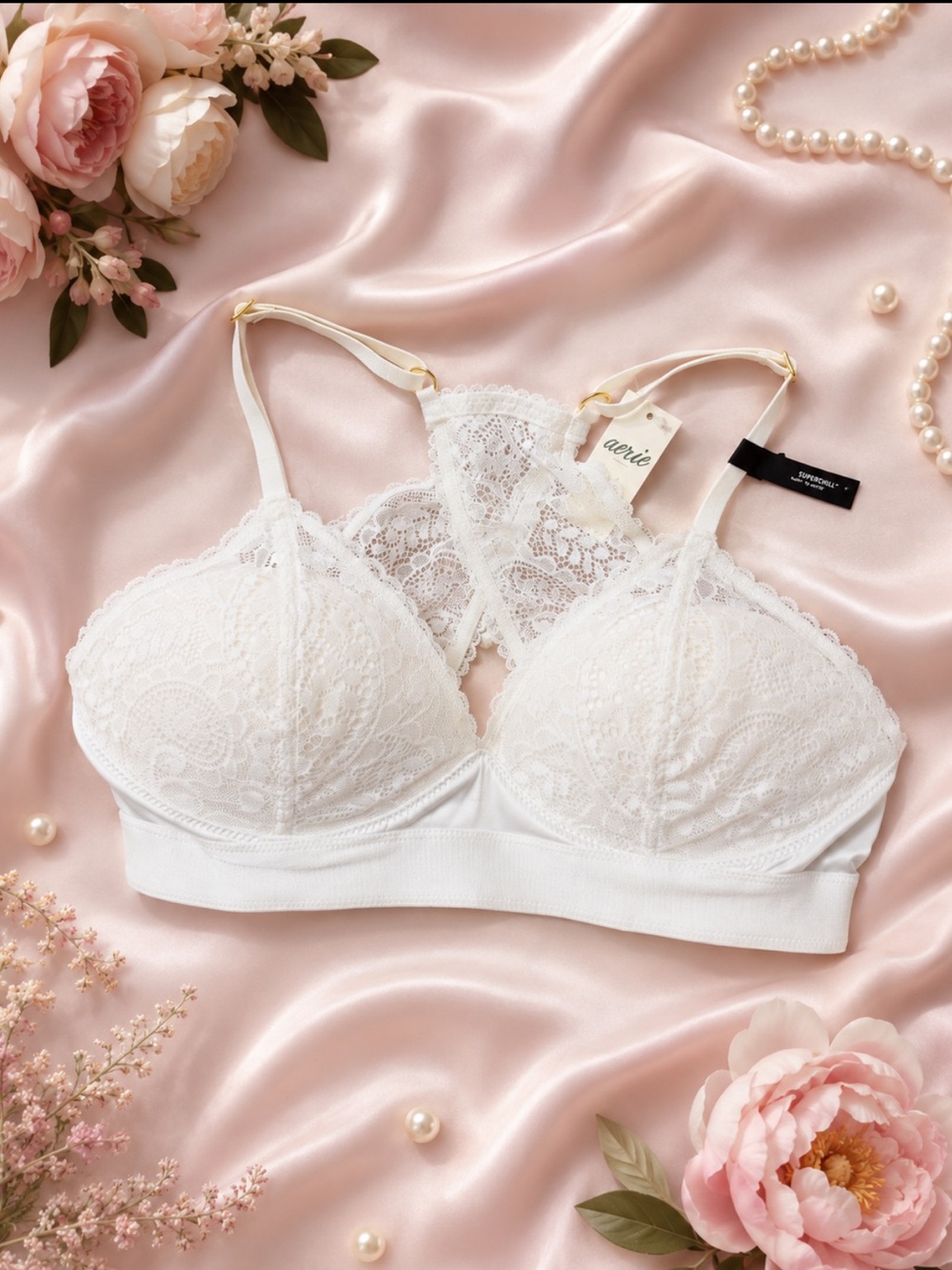 NWT Aerie Real Power Wireless Push-Up Paisley Lace Bra Soft Muslin White Sz 34C